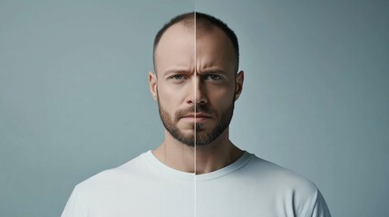 a symmetrical commercial poster, divided into two sections, each section is of the same ordinary man going through the stages of male pattern baldness.
