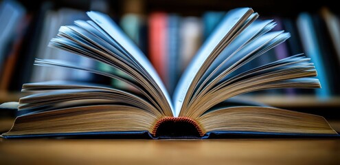 Naklejka premium close up of open book with fanned pages hyper realistic texture lighting education literature