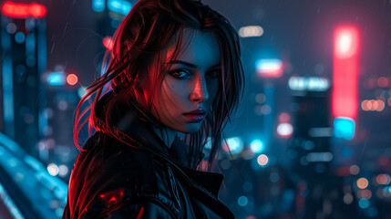 Fototapeta premium Cyberpunk Girl in Night City: A beautiful cyberpunk girl stands against the backdrop of a futuristic night city, showcasing a blend of technology and fashion in a cyberpunk concept.