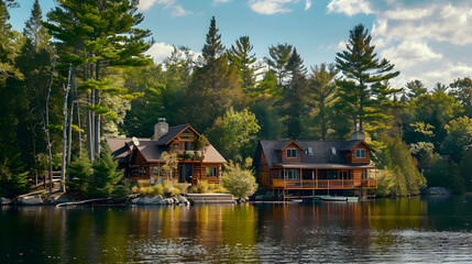 Naklejka premium Lakeside retreat with two cozy cabins, each with a private dock and panoramic lake views framed by towering pines