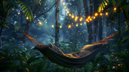 Lush tropical rainforest at dusk with a cozy hammock strung between trees, illuminated by fireflies