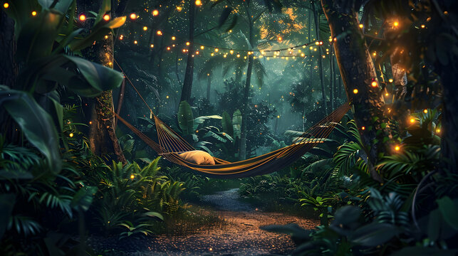 Lush tropical rainforest at dusk with a cozy hammock strung between trees, illuminated by fireflies - Powered by Adobe