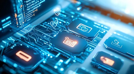 job and career interview concept. Futuristic Circuit Board with Digital Icons and Lights