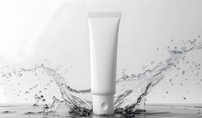 White mockup of plastic cosmetic tube with splash and water drops