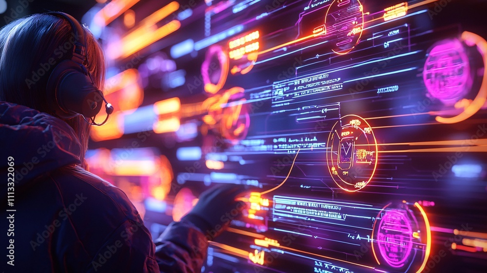 Poster job and career interview concept. person interacting with futuristic data interface
