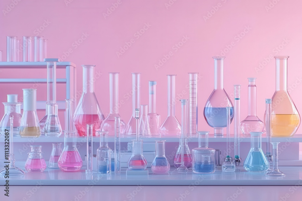Poster a colorful array of laboratory glassware filled with various liquids, set against a soft pink backgr
