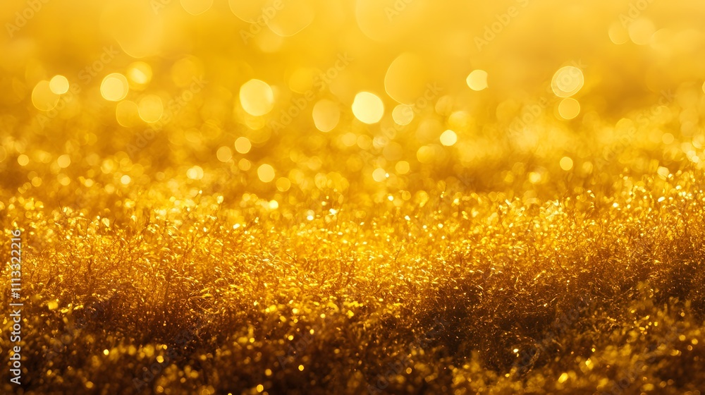 Poster a shimmering golden landscape with soft textures and glowing bokeh effects.