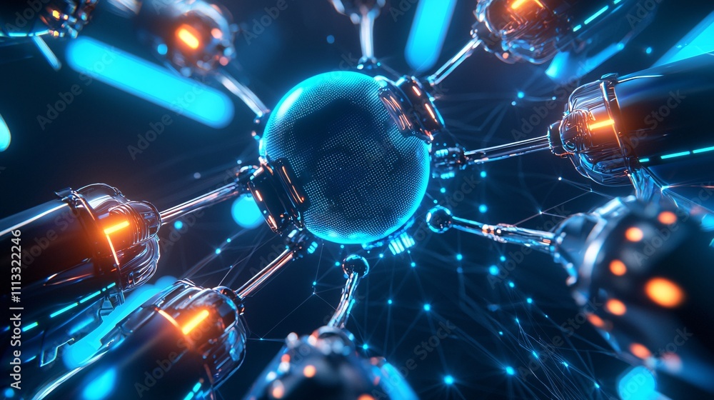 Poster job and career interview concept. futuristic network with glowing elements and sphere