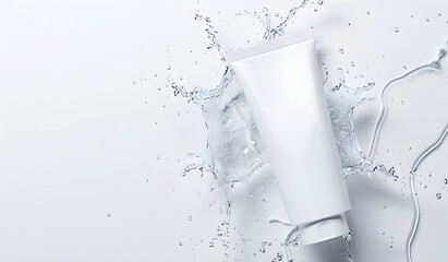 White mockup of plastic cosmetic tube with splash and water drops