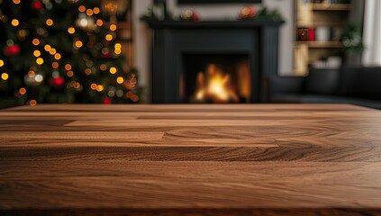 Empty wooden table top with a blurred background of a cozy home interior decorated for Christmas and New Year, featuring a fireplace, a tree, lights, and a bokeh effect