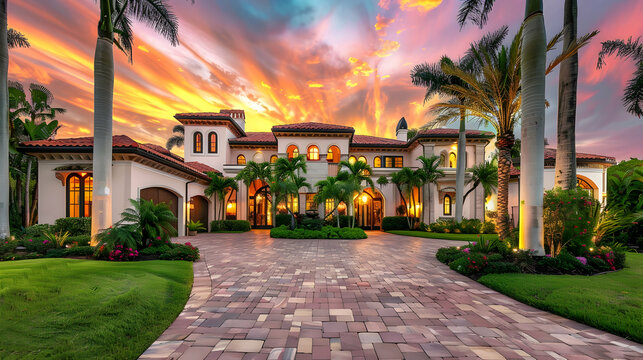 Mediterranean-inspired luxury home exterior surrounded by palm trees, terracotta tiles, and a vibrant sunset sky