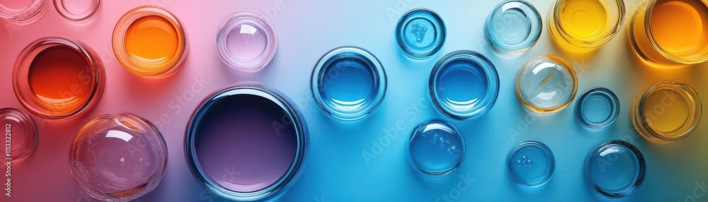 Poster colorful glass spheres in various sizes are arranged against a gradient background, creating an abst
