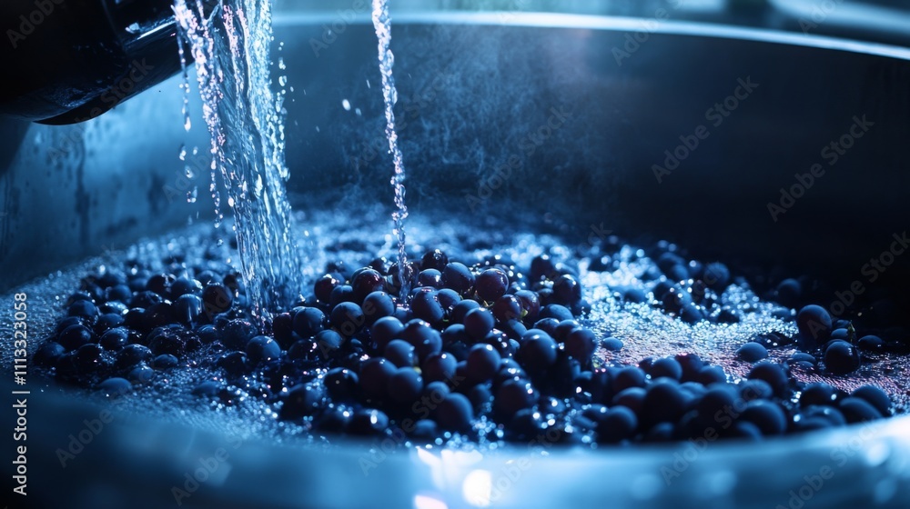Aufkleber grapes submerged in water are being rinsed in a large vessel, showcasing the winemaking process. the