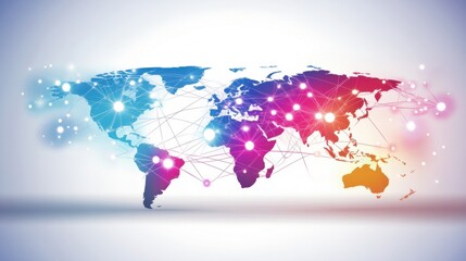 Colorful Abstract World Map with Network Connections and Symbols