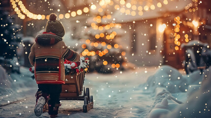 Child with Sleigh: A child in warm clothes pulls an authentic wooden sleigh loaded with gifts through the snow, with a private house decorated for Christmas in the background.
