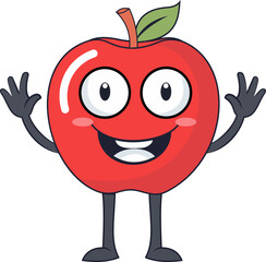 Flat vector illustration of Cheerful Cartoon Apple Character with Raised Hands and a Big Smile
