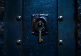Obraz premium Golden Key in Dark Metal Door Keyhole