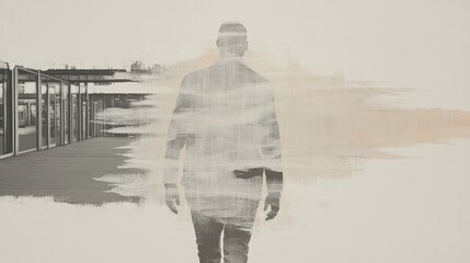 A man walks through a blurred cityscape, painted in muted tones. The image evokes a feeling of contemplation and urban solitude.