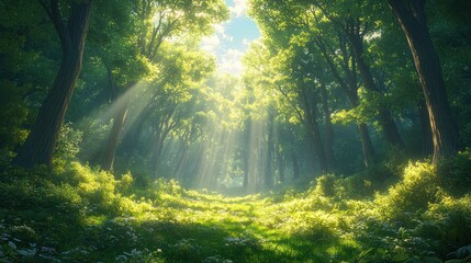 Obraz premium Sunshine Filtering Through the Tranquil Forest Landscape in Animation Style