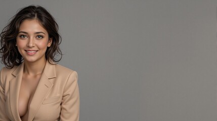 Obraz premium Portrait of a smiling young woman in a beige blazer on a gray background with copy space
