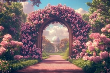 Fototapeta premium Gorgeous Landscape Garden with Wooden Arch, Lush Greenery, and Blooming Pink Flowers Under Blue Skies and Sunlight Glow