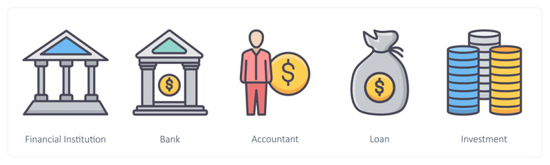 A set of 5 Business icons as financial institution, bank, accountant