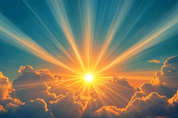 Fototapeta premium Splendid sunset landscape with bright sun, blue sky, fluffy clouds, and warm orange hues, evoking a peaceful and serene mood