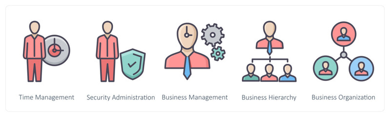 A set of 5 Business icons as time management, security administrator, business management