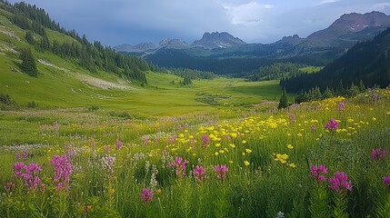 A vibrant meadow filled with colorful wildflowers and mountains in the background.