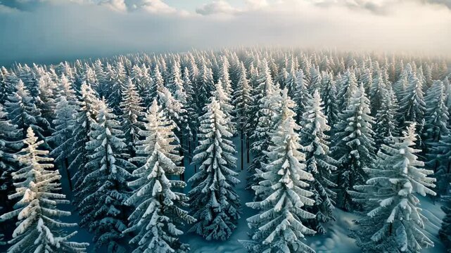 雪に覆われた森のドローン視点1