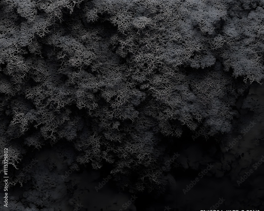 Poster a textured black and gray surface resembling intricate natural patterns.