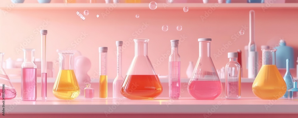 Poster a colorful array of laboratory glassware filled with various liquids, set against a soft pink backgr