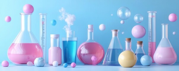 Colorful laboratory glassware filled with vibrant liquids, bubbles, and steam against a blue background, creating a dynamic science-themed scene.