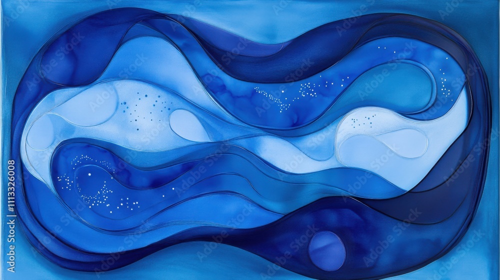 Poster abstract blue waves in fluid motion with soft curves and shapes