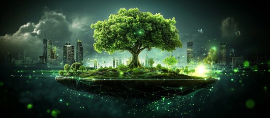 Future Island: Digital illustration with futuristic vibe featuring large tree, lush greenery, skyscrapers, glowing lines, and serene atmosphere