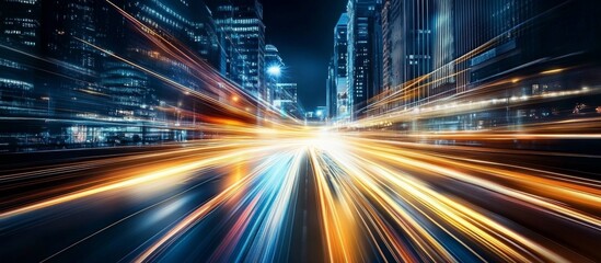 Vibrant long exposure cityscape at night with dynamic light trails and blurred cars, capturing energy and movement