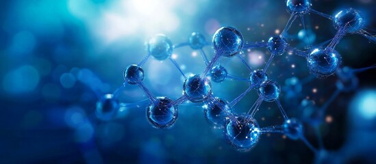 Molecular Structure in Deep Blue Gradient Background: 3D Rendering Reflects Interconnected Atoms, Molecules, and Network-Like Appearance