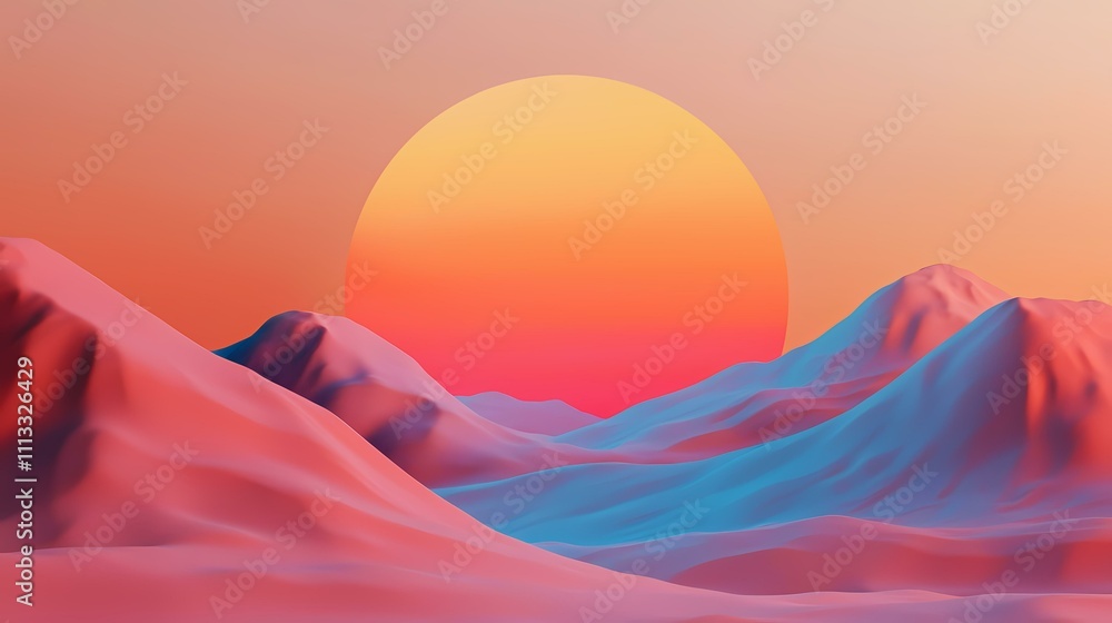Poster the image contains a stylized rendering of a landscape with pastel-colored, undulating hills and a l