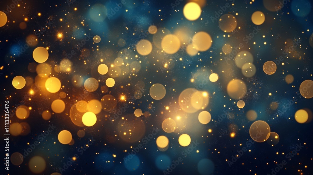 Poster abstract dark blue background with golden circles creating a dreamy bokeh effect resembling a starry