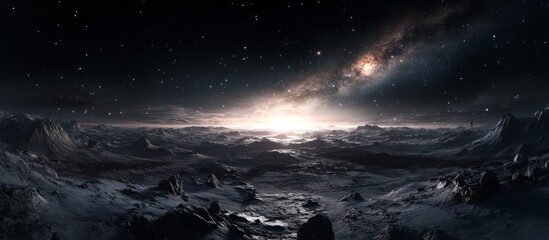 Naklejka premium Barren Landscape at Night with Glowing Milky Way and Snow-Covered Ground - Dramatic and Awe-Inspiring Adobe Stock Image