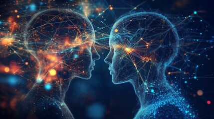 Abstract Futuristic Composition: Two Human Heads in Thought with Geometric Lines and Dots in Blue, Red, and Orange