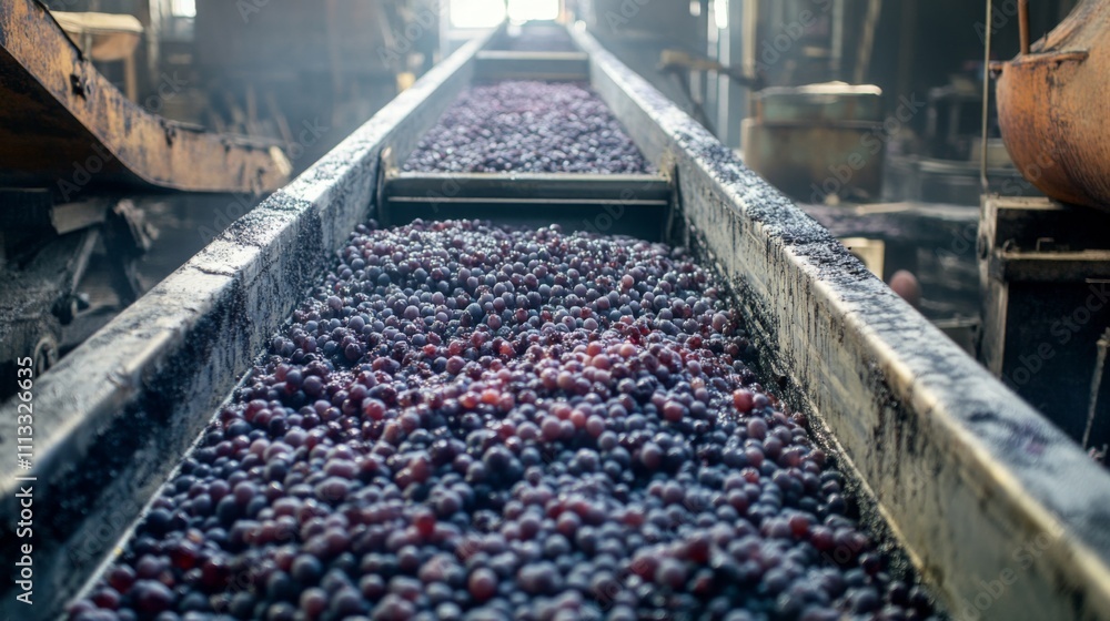 Poster Grapes flow down a conveyor belt in a wine-making facility, illuminated by soft light filtering through the building. Workers prepare for the natural wine production process.