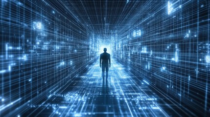 Person Standing in Futuristic Data Tunnel with Digital Lights
