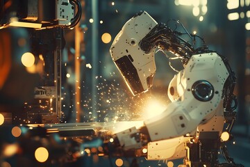 A robotic arm welding with sparks in the background, creating an industrial atmosphere