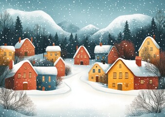 Winter Village Scene Seamless Pattern Celebrating Christmas and New Year 2025 with Happy People Ice Skating in a Snowy Landscape