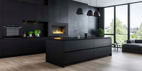 A black, modern kitchen with an island, fireplace, and a sofa in the background. The cabinets are dark gray.