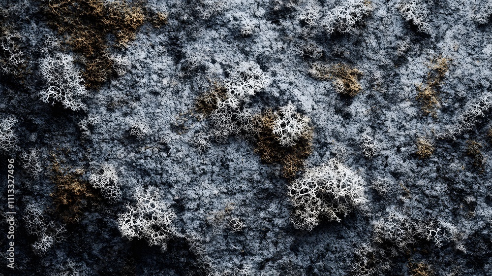Poster a textured surface featuring intricate patterns of lichen and moss on a rocky background.