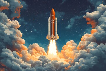 Illustration of a rocket launch, with white smoke and a blue background, in a simple style