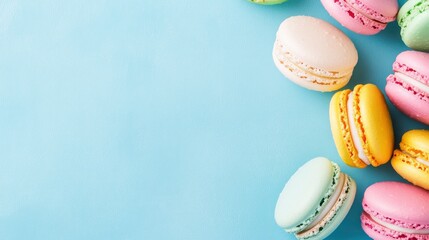 Fototapeta premium Colorful macarons on a pastel blue background, a flat lay top view. The background features colorful sweet cookies.