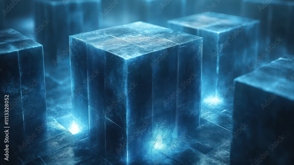 Poster blue geometric abstract composition minimalist cube background with depth and shadows